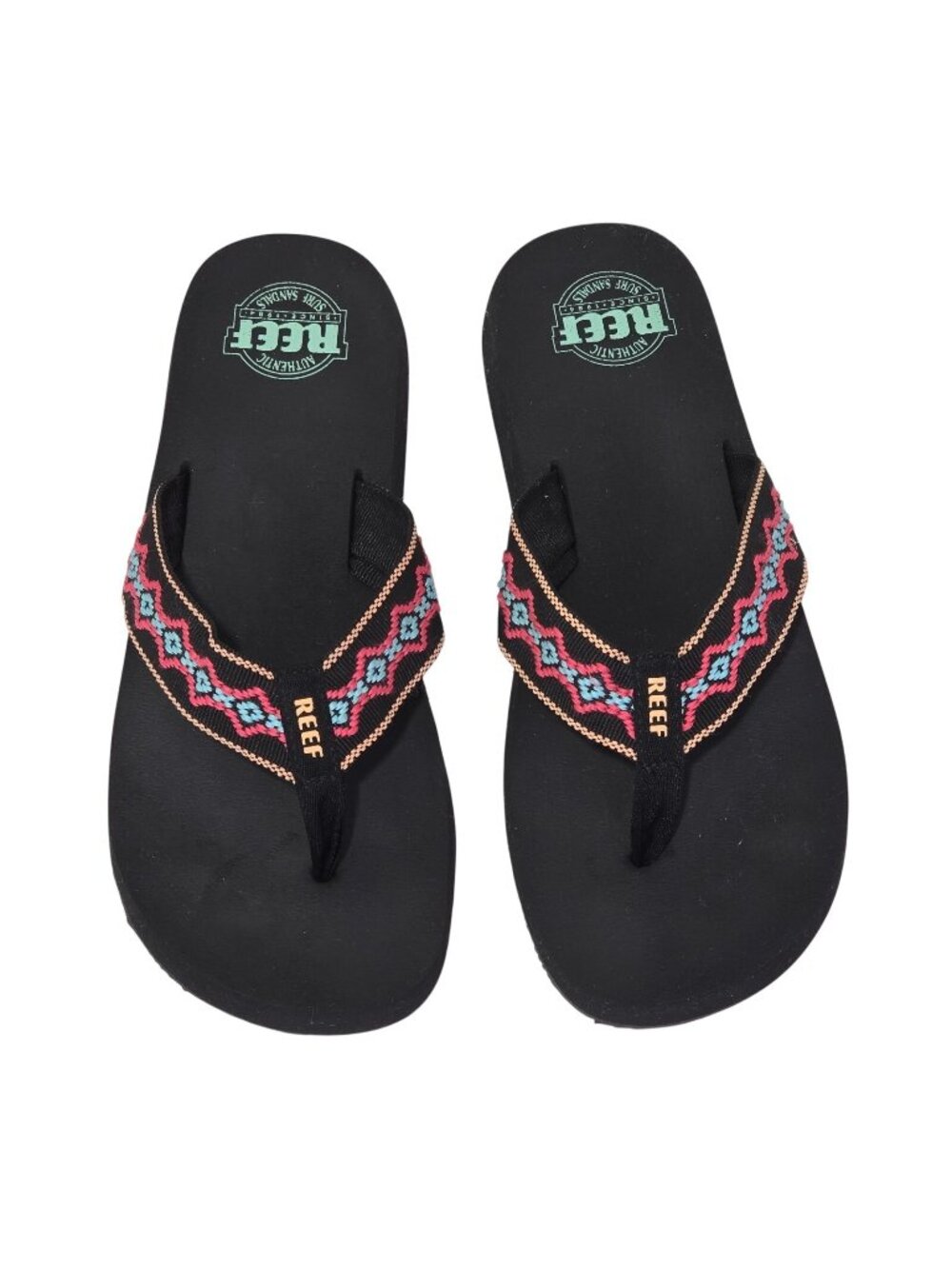 Reef Sandy Summer flip-flops in a black and Malibu print with embroidered straps